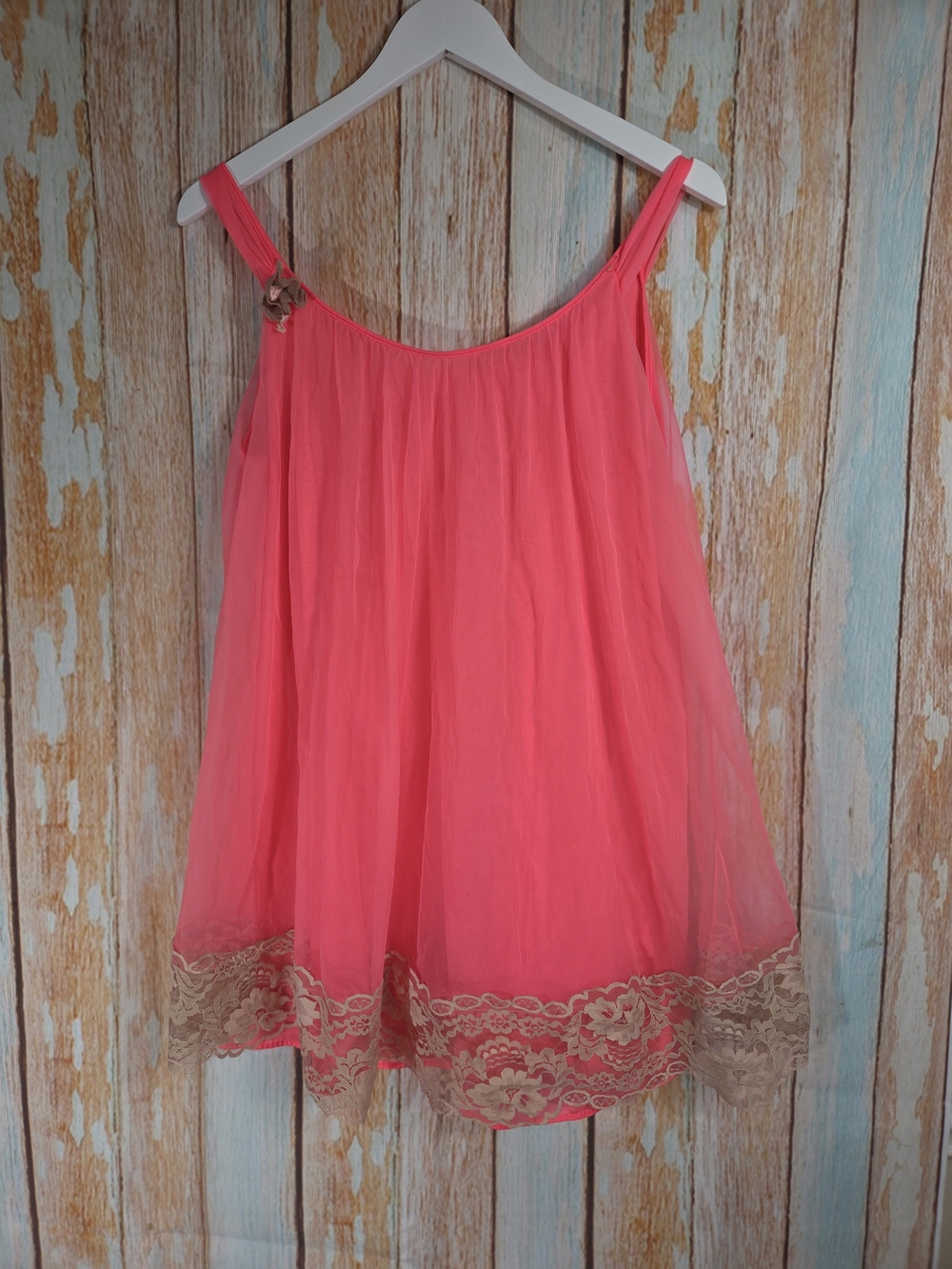 Chic Lingerie Vtg Hot Pink Babydoll Nightie With Cream Lace Trim. Size S